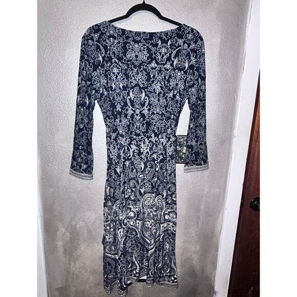 Ann Taylor Black White Tan Faux Wrap Midi Dress – Size 8 Professional Office - Picture 9 of 13